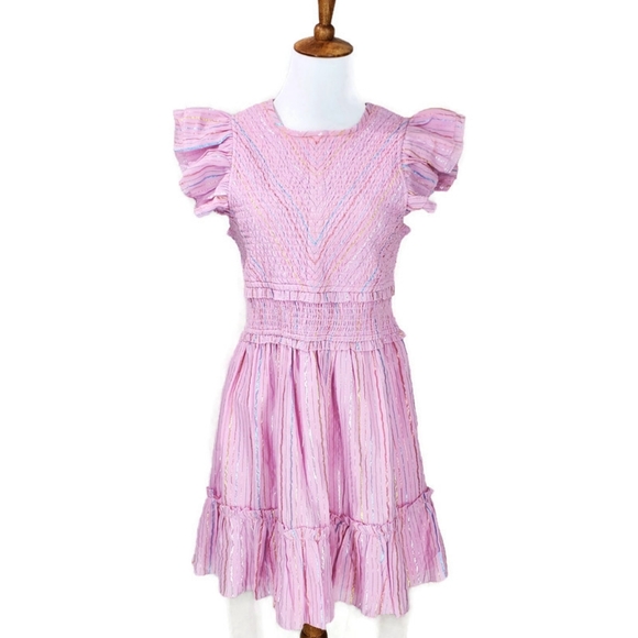 Saylor Zinnia Stripe Mini Dress Size M Smocked Pink Metallic Swiftie Dress - Picture 4 of 12